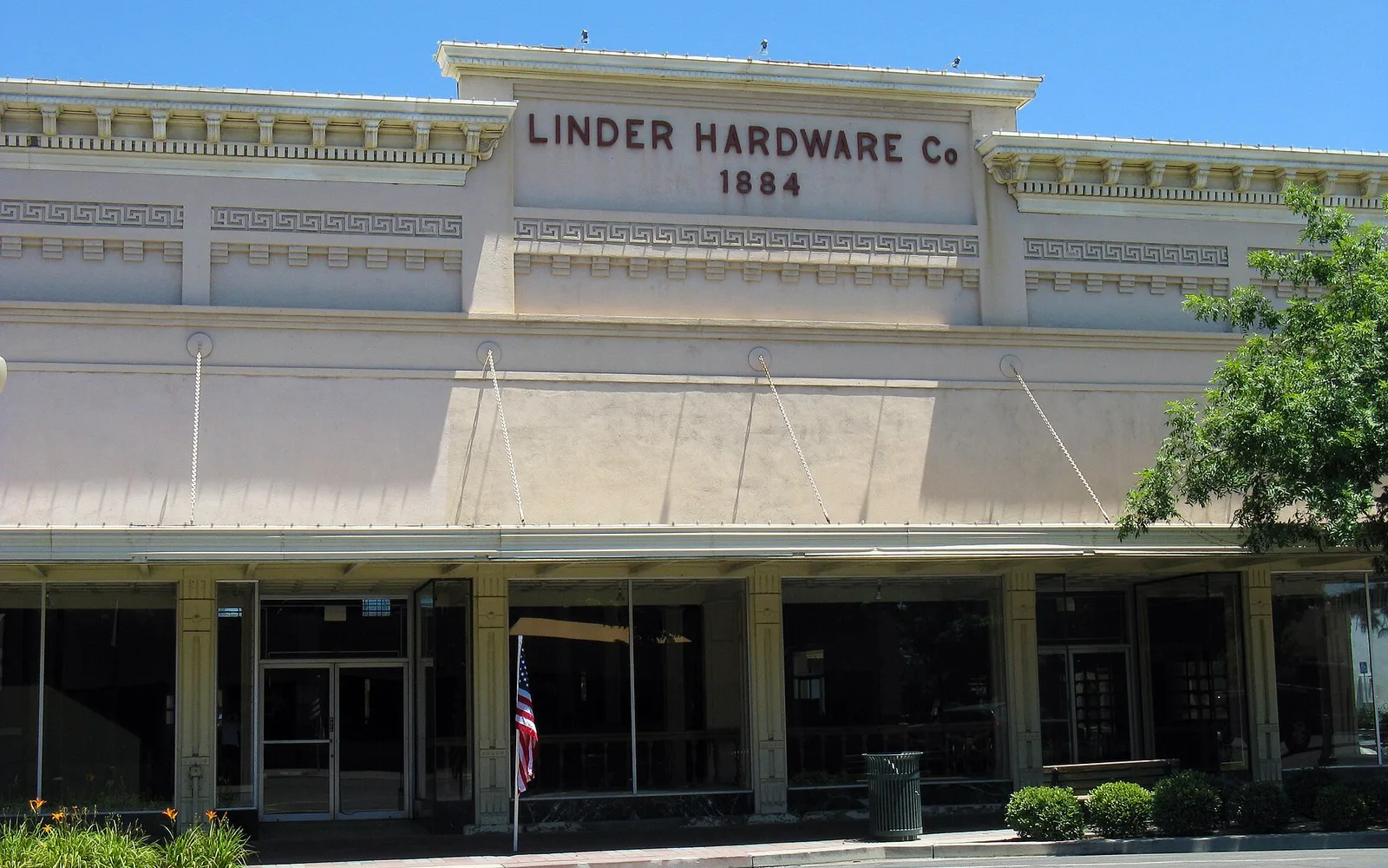Facade of the historic Linder Hardware building in Tulare.
